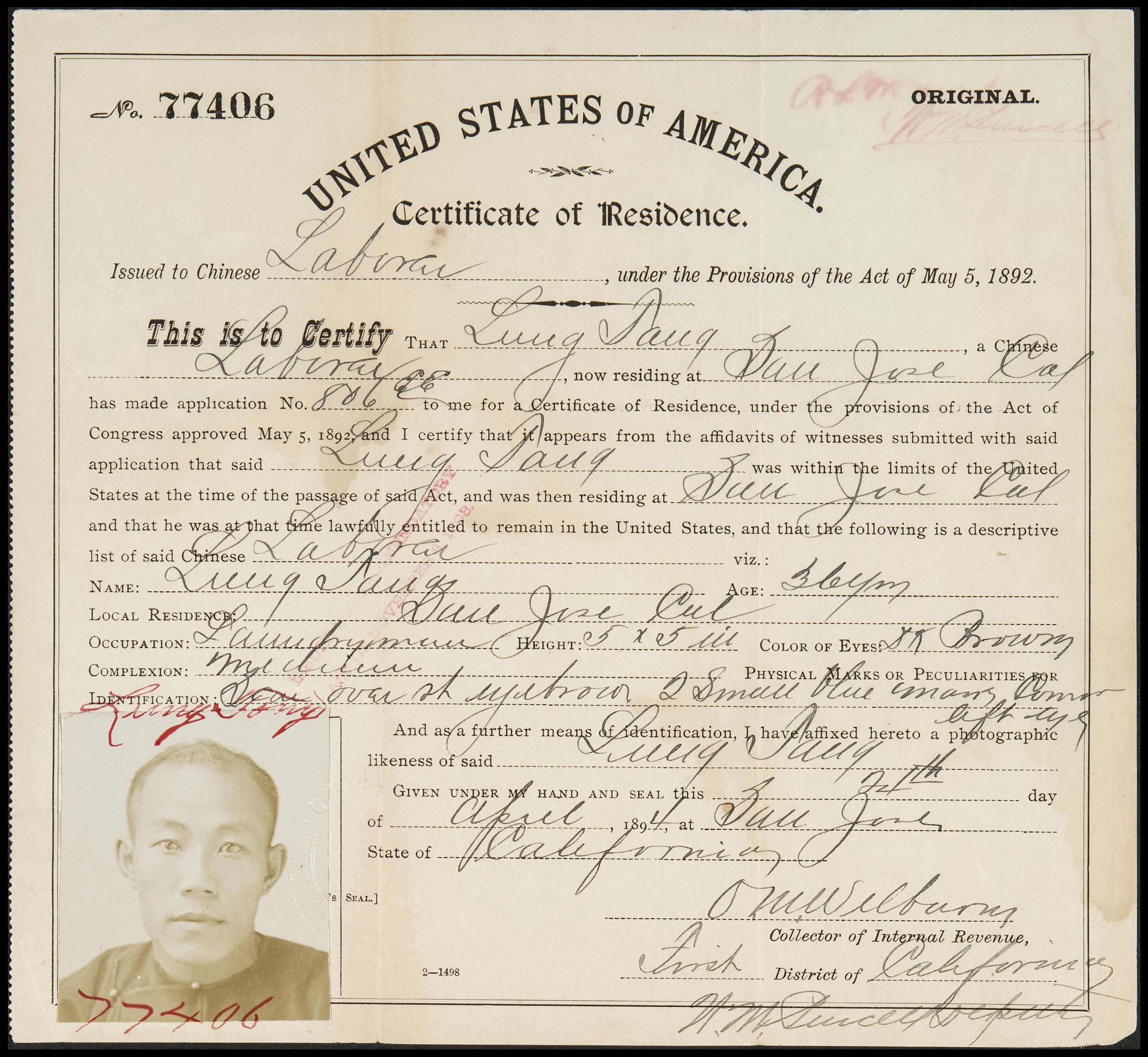 Certificates of Residence for Chinese Laborers, 1894. Copyright California Historical Society